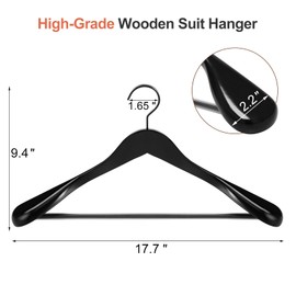 TOPIA HANGER Black Wooden Coat Hanger 6 Pack, Wide Shoulder Wood Suit Hangers with Extra-Thick Flat Hooks & Anti-Slip Pants Bar, Heavy Duty Clothes Hangers,Glossy Finish, Black-CT02H