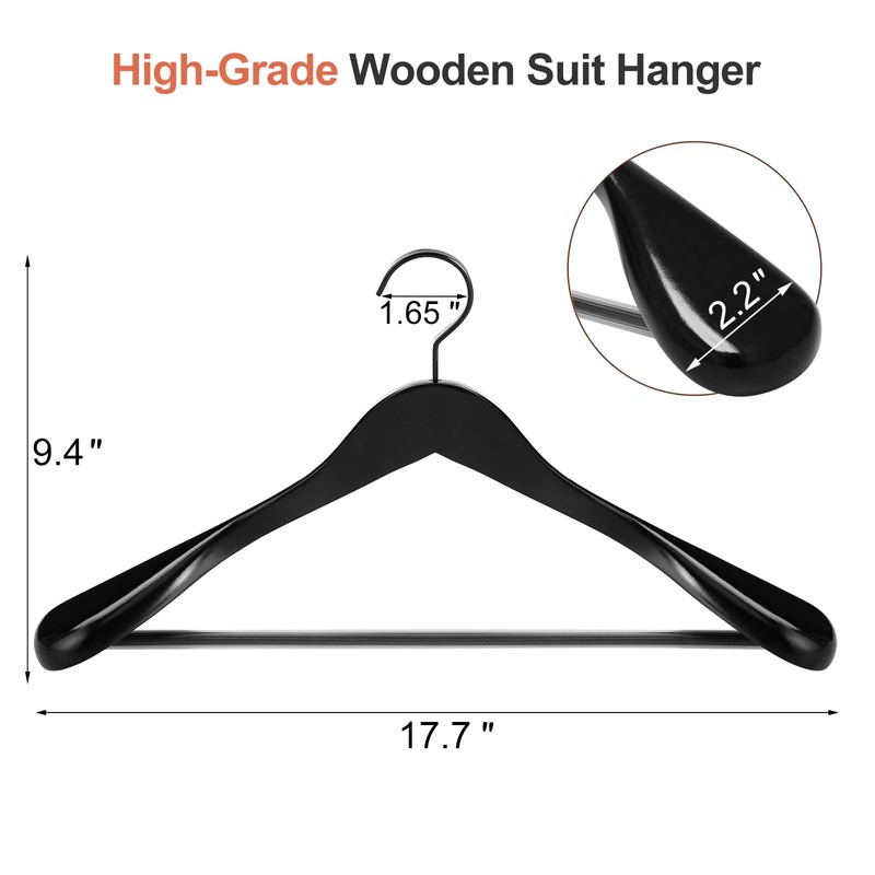 TOPIA HANGER Black Wooden Coat Hanger 6 Pack, Wide Shoulder