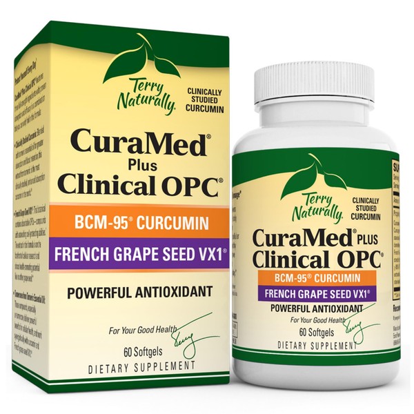 Terry Naturally CuraMed Plus Clinical OPC - 60 Softgels - BCM-95 Curcumin & French Grape Seed VX1 Supplement - Supports Brain, Heart, Colon, Breast, Prostate & Liver Health - Non-GMO - 30 Servings