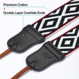 Padwa Lifestyle Camera Strap - 2 Inch Cowhide Head Camera Strap for Photographers, Vintage Jacquard Embroidery Woven Cotton Adjustable Shoulder Neck Strap for Cameras, Binoculars - White Rhombus