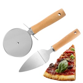Ktchnhlprz 2 Piece Pizza Set, Stainless Steel, Wood, Pizza Roller, Pizza Cutter, Pizza Slice Server, Super Sharp, Dishwasher Safe, Rustproof