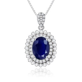 JIANGXIN 925 Sterling Silver Big Pendant Necklace for Women Oval Blue Sapphire Jewelry 16~18inch