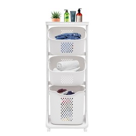 SNKOURIN 3-Layer Laundry Basket, Heavy Duty Storage Basket Organizer Shelves, Detachable Utility Storage Cart with Wheels, Utility Cart Organizer for Kitchen, Laundry, Bathroom, Bedroom
