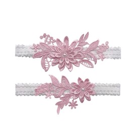 Wedding Garters for Bride Bridal Lace Garter Set Floral Leg Ring with Hand Sewn Faux Pearls (Pink)