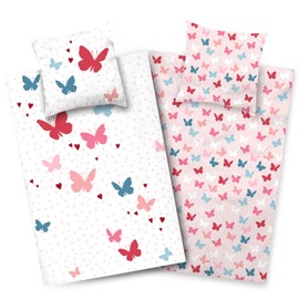Aminata kids Bed Linen 135 x 200 cm Butterflies Girls Cotton Butterfly YKK Zip Animal Motif Children's Reversible Bedding Set White Pink