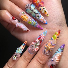 24pcs 3D Flower French Long Press on Nails Bow Almond Shape Fake Nails Insect Leaf Flower Colorful False Nails With 3D Nail Charm Acrylic Artificial Fingernails Women Summer Nail Art Supplies
