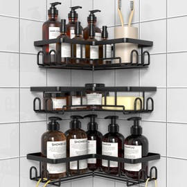 Diwoker Shower Shelf No Drilling Corner - Rustproof Shower Shelf Bathroom Organiser Shampoo Holder for Shower (Black - Pack of 3)