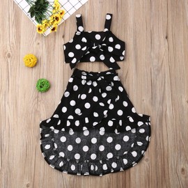 Toddler Baby Girl Summer Outfits Polka Dot Halter Crop Top Strap Tanktop+Boho Ruffle Skirt Clothes Set (Black, 2-3T)