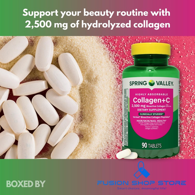 Spring Valley Collagen+Vitamin C- for Hair/Skin/Nail 2500mg, 90 Tablets, Boxed