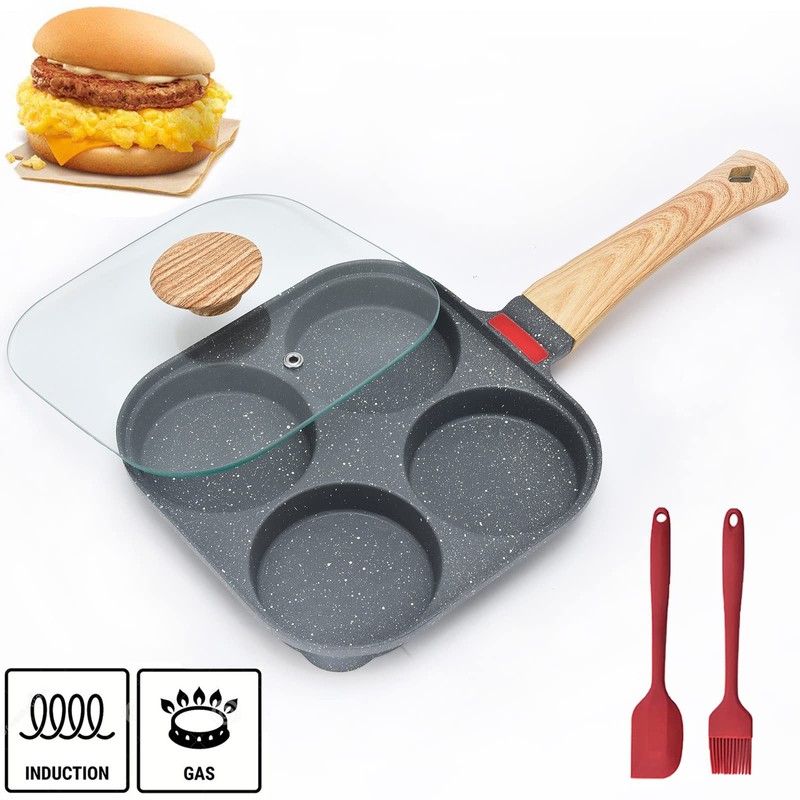 MIHUNTER 4-Cup Aluminum Nonstick Egg Pan with Lid, Suitable for