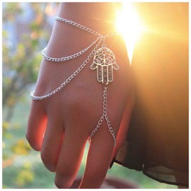 Yheakne Boho Hamsa Slave Bracelet Silver Hand Finger Bracelet Vintage Ring Bracelet Layering Chain Wrist Bracelet Retro Hand Harness Bangle Hand Chain Jewellery for Women and Girls, Silver