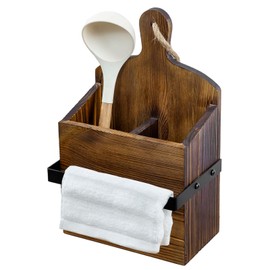 MyGift Rustic Wall Mounted Solid Wood Utensil Holder with Towel Bar – Cutting Board Style Kitchen Organizer Rack for Cooking Tools, Hanging Storage, and Dish Towels
