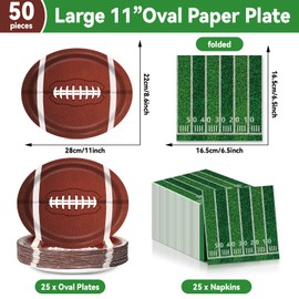 QOUBAI Football Oval Paper Plates Football Plates and Napkins Party Decorations Sport Rugby Theme Birthday Supplies 11inch Touch Down Dish Tray Dinnerware for Football Game Celebration, 25 Guest