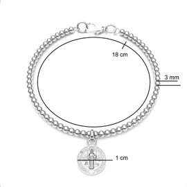 Agalea | Pulsera con medalla de san benito de plata esterlina ley 925 con bolitas de 3 mm (18.00 cm)