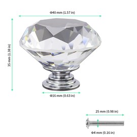 FUNSUEI 15PCS Crystal Glass Wardrobe Door Handles, 40mm Crystal Drawer Knobs for Cupboard, Cabinet, Wardrobe, Home Decorating with Screws, Transparent