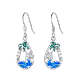 HPQQ Sea Turtle Earrings for Women Sterling Silver Teardrop Palm Tree Earrings Blue Opal Wave Ocean Summer Jewelry Mother's Day Jewelry Gifts for Women Her