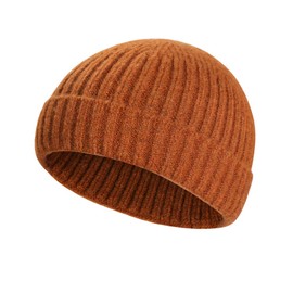 Dumrotite Wool Knit Trawler Beanie Hat, Short Fisherman Skull Cap Knit Cuff Beanie Cap for Men Caramel