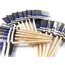 QQSD Thin Blue Line American Police Toothpick Flag Small Mini Cupcake Topper Flags, 100 pcs
