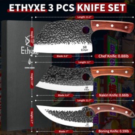 Ethyxe Butcher Knife Set – 3PCS Hand Forged Kitchen Knife Set with Serbian Chef Knife, Viking Boning Knife & Meat Cleaver, High Carbon Steel for Meat Cutting, Outdoor BBQ, Camping, Gift for Men