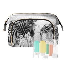 Kjovgcb Women Wave Quilt Cosmetic Bag, Zipper Toiletry Storage 10.2x5.9x6.7 in, Pouch Handbag Makeup Case Purse Holder Organizer Print Zebras at Sunset Black White