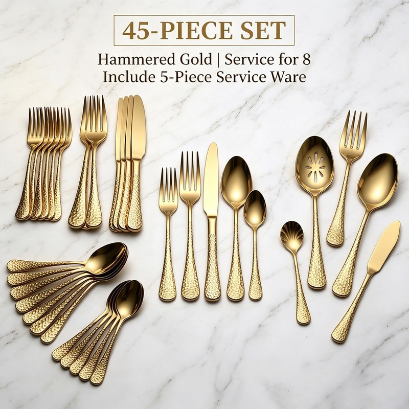 45-Piece Hammered Gold Flatware Set for 8,Premium 18/10 Stainless Steel