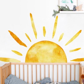 RAINBOW WSK Boho Sun Wall Decals Watercolor Sunshine Wall Stickers Yellow Half Sun Wall Decor for Kids Removable Peel and Stick Wall Mural Art for Baby Bedroom Nursery Classroom Preschool MS8451-NH