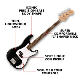 Fender Squier Debut Series Precision Bass Guitar, Beginner Guitar, with 2-Year Warranty, Includes Free Lessons, Black with Matte Finish