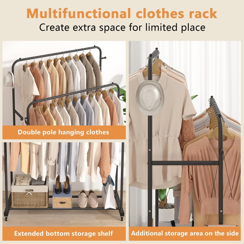 Laiensia Double Rods Garment Rack with Wheels, Clothing Rack for