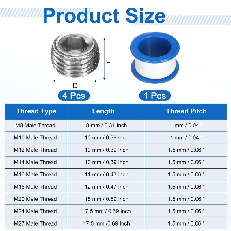 uxcell 4Pcs M10x1x10 304 Stainless Steel Pipe Plug Fitting, Male