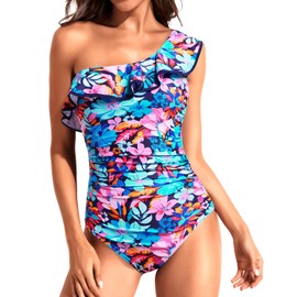 Tempt Me Women Blue Multicolor One Piece Swimsuits Tummy Control One Shoulder Bathing Suits Ruffle Swimwear X-Large