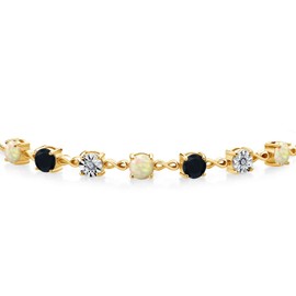 Gem Stone King 1.86 Ct Round Cabochon White Ethiopian Opal Black Onyx 18K Yellow Gold Plated Silver Lab Grown Diamond Tennis Bracelet For Women (Fully Adjustable Up to 9 Inch)
