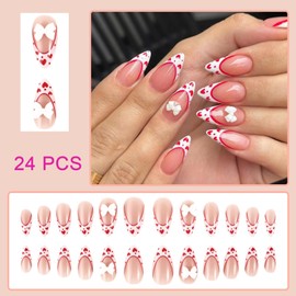24Pcs White French Tip Press on Nails Medium Fake Nails Bow and Red Heart Design False Nails Cute Bow Stick on Nails Almond Shape Full Cover Acrylic Nails Bow Rhinestones Nails for Women Daily Wear