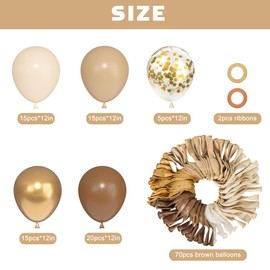 72pcs Brown Balloons Set, Latex Balloons with 12inch Brown Nude Boho Sand White Metallic Gold Confetti Balloons for Neutral Bear Baby Shower Safari Wedding Birthday Party Decoration Supplies