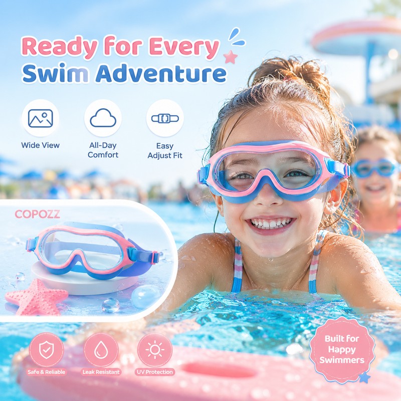 COPOZZ Kids Anti-Fog Swim Goggles – Big Frame Wide View