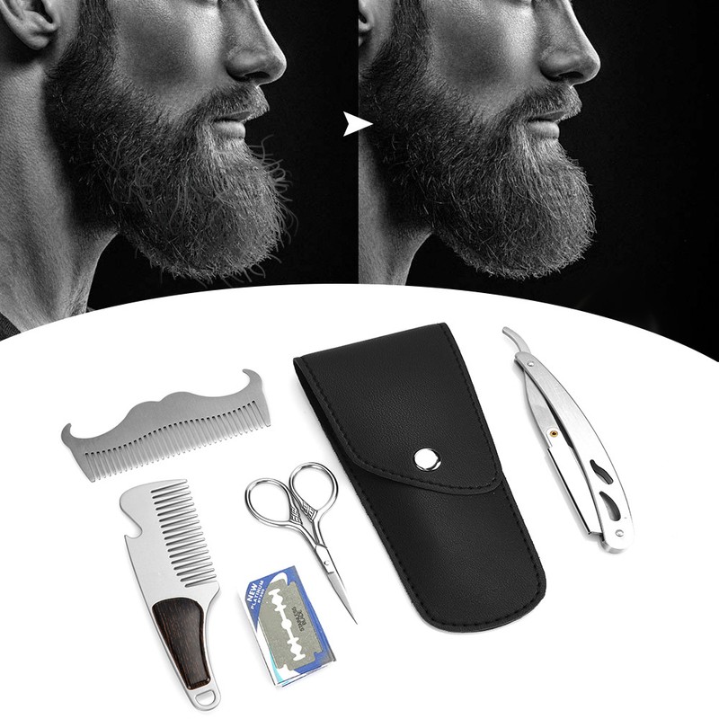 6pcs Beard Kit Shaving Knife Blade Beard Brush Scissors Storage