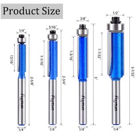 Flytuo 4PCS Flush Trim Router Bits 1/4 Shank, Professional Carbide Top Bearing Flush Trim Bit Kit, Template Guide Woodworking Milling Cutter Tool(Cutting Dia: 1/4" 5/16" 3/8" 1/2")