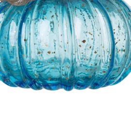 Glitzhome 5.12 Inch Hand Blown Blue Glitter Glass Pumpkin Table Accent for Fall Harvest & Thanksgiving Decorating