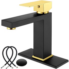 Midanya Bathroom Sink Faucet 1 Hole Single Handle Deck Mount Lavatory Mixer Tap Include Cover Plate One Lever Stainless Steel SUS304 Commercial,Matte Black and Polished Gold Handle with Pop Up Drain