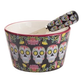 Boston International Ceramic Bowl and Spreader Day of the Dead Serving Set, 14 Ounces, No Vida Cantina