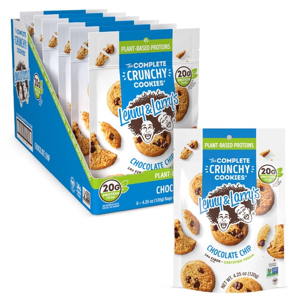 Lenny & Larry's The Complete Crunchy Cookie, Chocolate Chip, 6g Plant Protein, Vegan, Non-GMO, 4.25 Ounce Pouch (Pack of 6)