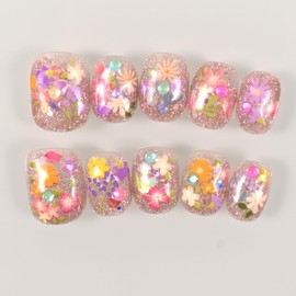 Spring Flower Handmade Nails Short Square Daisy Little Wild Flowers Design Glitter Stick On Summer False Nails for Women Manicure 10Pcs Size M