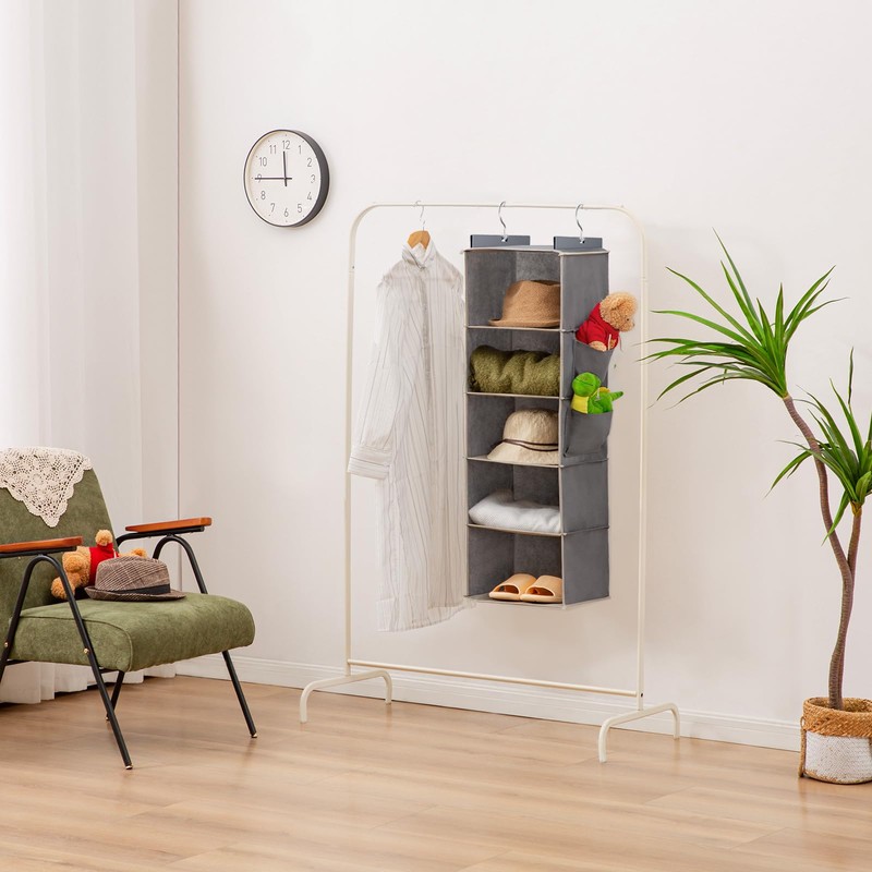 YOUDENOVA Hanging Closet Organizer, 5-Shelf Closet Hanging Storage Shelves, Grey