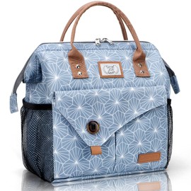 Insulated Lunch Bags for Women Adult Lunch Box Cooler Bag Food Container for Work, School, Picnic, with Front Button Pocket, Top Handle, Dual Side Mesh Pockets, Blue
