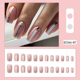 Press on Nails Square Medium Length Glossy Full Cover Acrylic Square Shape False Nails with Designs Artificial Short Coffin Fake Nails with Charms Glue Stick on Fingernails for Women Girls(DZ366)