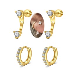 MODRSA Gold Earrings for Women Flat Back Hypoallergenic Earring for Women Surgical Steel Small Hoop Earrings Gold Plated Cartilage Helix Earring Stacks Earrings Set