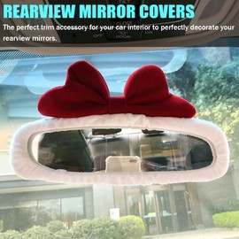 Bittwee Car Rearview Mirror Cover, Auto Interior Elastic Comfortable Rear View Mirror Protector Decorative Accessories for Girls Women Man Gift, Universal for Vehicles, SUV, Truck, RV (White/Red)
