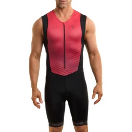 Synergy Triathlon Tri Suit - Men's Race Sleeveless Trisuit (Black/Ruby, X-Large)