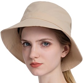 WANYIG Foldable Fishing Hat Sun Hat Summer Hat Outdoor Hat UV Protection Garden Hat Hiking Hat Fishing Hat Boonie Hat with Chin Strap and Cable Hole for Men Women, beige