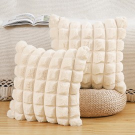 Madizz Set of 2 Faux Fur Plush Decorative Cushion Covers Striped Soft Decorative Cushion Cover for Sofa Bedroom Cushion Shell Beige 45 x 45 cm