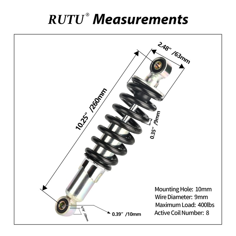 RUTU 10.25" 260mm Rear Shock, Mono Shock, Universal Pit Bike